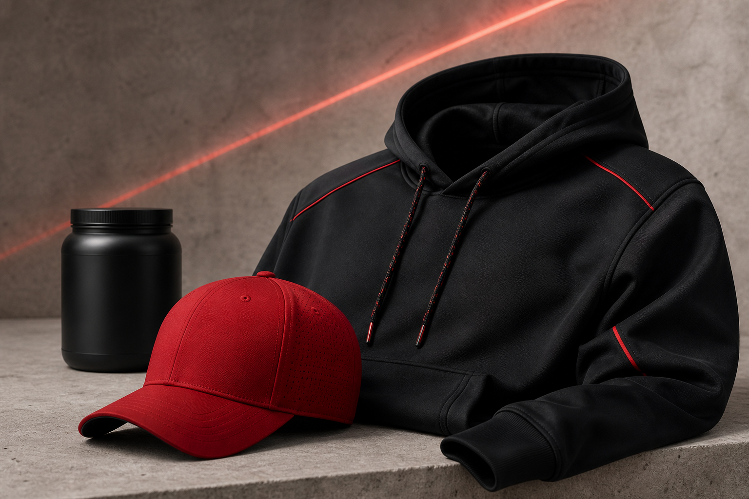 Black training hoodie, red cap, and unbranded WD-4000 formula preview